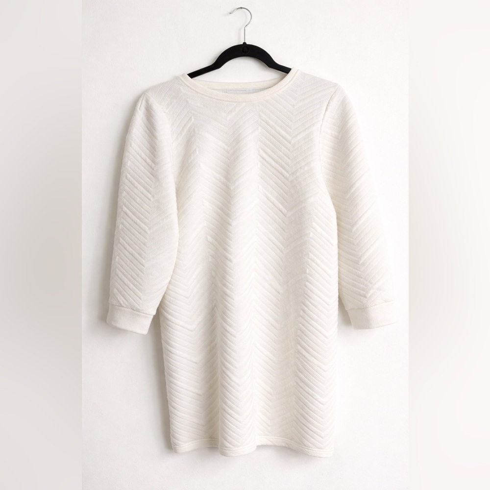 ZARA White Quilted Design 3/4 sleeve Shift DRESS size S minimalist